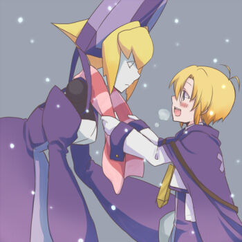 1boy 1girl android arc_system_works blazblue blazblue:_calamity_trigger blush breath brother_and_sister cape carl_clover child glasses gloves nirvana_(blazblue) robot scarf sharing siblings size_difference snow winter aged_down