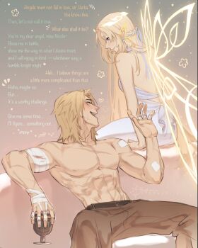 1boy 1girl backless_dress backless_outfit bandaged_arm bandages blonde_hair blue_eyes blush braid brown_pants closed_eyes closed_mouth commentary couple cross_scar cup dress earrings energy_wings english_commentary english_text genshin_impact hair_ribbon halo hetero highres holding holding_cup jewelry laughing long_hair looking_at_another multiple_scars nicole_reeyn open_mouth pants pointy_ears ribbon scar scar_on_arm scar_on_chest scar_on_face scar_on_neck signature sitting sleeveless sleeveless_dress smile squeans stephaelia toned toned_male topless_male varka_(genshin_impact) white_dress yellow_wings