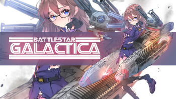 1girl battlestar_galactica belt black_footwear black_pantyhose blue_eyes broken commission crossover damaged fire galactica_chan glasses gloves highres injury kantai_collection long_hair looking_at_viewer machinery military military_uniform open_mouth orange_hair original panties panties_under_pantyhose pantyhose poster_(medium) rigging ship_turret shoes skirt smoke socks soot spaceship striped sydus thighhighs thighs torn_clothes underwear weapon