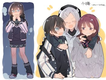 >:) 3girls :d alternate_costume alternate_hairstyle angry arms_around_neck bag baseball_jersey beret black_bag black_hair black_shirt blunt_ends blush bow braid brown_hair checkered_bow checkered_clothes checkered_skirt cold collared_shirt colored_eyelashes commentary double_bun earrings fang full_body glasses green_hair grey_hair grey_sweater hair_bun hair_down hair_ornament hairclip hanakuma_chifuyu happy hat highres hood hoodie jersey jewelry koharu_rikka long_hair long_sleeves loose_clothes loose_socks miniskirt multiple_girls multiple_views nail_polish natsuki_karin neck_ribbon nimingduz open_mouth puff_of_air purple_eyes red_nails ribbed_sweater ribbon shirt shoes signature skirt smile sneakers socks sweater sweater_vest swept_bangs symbol-only_commentary synthesizer_v twin_braids v-shaped_eyebrows vertical-striped_sleeves warming_hands wavy_hair white_hoodie