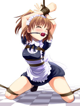 1girl apron arle_nadja arms_up ball_gag bdsm blush bondage bound bound_wrists breast_bondage breasts brown_hair closed_eyes drooling female_focus gag gagged highres kneeling madou_monogatari maid maid_apron maid_headdress ponytail puddle pussy_juice pussy_juice_puddle puyopuyo rope saliva shibari short_hair solo sweetsprite tears wiffle_gag