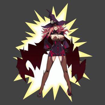 1girl animated animated_gif arc_system_works black_sclera blazblue blazblue:_central_fiction breasts cape colored_sclera dress electrocution epilepsy_warning female_focus hat konoe_a._mercury long_hair nipple_slip nipples phantom_(blazblue) pink_hair short_dress skeleton solo thighhighs witch_hat x-ray zappy_pappy