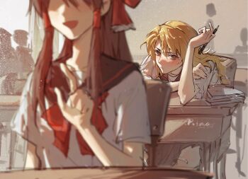 2girls :d aihara-rina alternate_costume artist_name bandaid bandaid_on_leg black_skirt blonde_hair bow bowtie brown_hair chair chinese_commentary classroom closed_mouth commentary_request dated desk feet_out_of_frame hair_tubes hakurei_reimu hand_on_own_arm hand_up head_out_of_frame holding holding_pen indoors kirisame_marisa leaning_on_table long_hair looking_at_viewer multiple_girls no_headwear open_mouth pen people red_bow red_bowtie school_desk school_uniform serafuku shirt short_sleeves skirt smile touhou white_shirt yellow_eyes