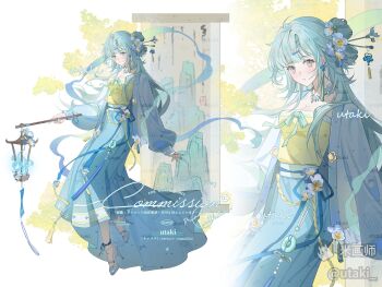 Rule 34 | 1girl, absurdres, beizi (clothing), blue hair, chinese clothes, english text, flower, green hair, grey eyes, hair flower, hair ornament, hanfu, high heels, highres, holding, jade (gemstone), jewelry, lantern, long hair, long sleeves, looking at viewer, mihuashi username, mixed-language text, multiple views, original, shuangyaji, skirt, smile, solo, tassel, utaki (weibo 5352293731), yaopei