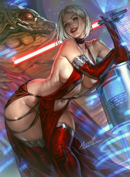 1boy 1girl aleriia_v blonde_hair breasts dress elbow_gloves energy_sword gloves green_eyes highres holding holding_sword holding_weapon jabba_the_hutt large_breasts lightsaber looking_at_viewer navel pelvic_curtain red_dress red_gloves red_lightsaber red_thighhighs revealing_clothes short_hair side_slit signature sith sleeveless sleeveless_dress star_wars sword thighhighs varielle_vicemarr_(aleriia_v) weapon