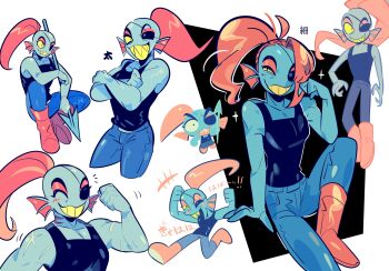 1girl black_tank_top blue_pants blue_skin boots colored_sclera colored_skin cropped_legs crossed_arms denim eyepatch fins fish_girl flexing gills gogeyama grin head_fins highres holding holding_polearm holding_weapon jeans knee_up looking_at_viewer multiple_views one_eye_covered pants polearm red_boots red_hair scar scar_on_arm sharp_teeth sitting smile sparkle spear swept_bangs tank_top teeth undertale undyne utdr_(toby_fox) weapon white_background yellow_sclera