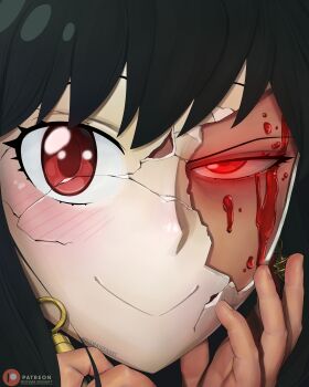 1girl absurdres artist_name black_hair blood blood_on_face broken_mask commentary cracked_kawaii_mask cracked_mask dismaiden glowing glowing_eyes hands_on_own_face highres holding holding_weapon long_hair looking_at_viewer mask mismatched_eyes patreon_logo patreon_username portrait red_eyes revealing_layer smile solo spy_x_family twitter_username weapon yor_briar