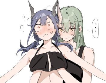 ... 2girls ? ?? @_@ arknights black_tank_top black_tube_top blue_hair blush ch&#039;en_(arknights) closed_mouth commentary_request dragon_horns grabbing_another&#039;s_breast grabbing_from_behind green_hair groping hand_under_clothes hand_under_shirt highres hill_chuchu horns hoshiguma_(arknights) long_hair multiple_girls scar scar_on_face shirt simple_background single_horn smile spoken_ellipsis strapless sweat tank_top tube_top upper_body white_background yellow_eyes yuri