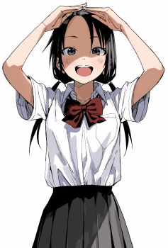 1girl arms_up black_eyes black_hair black_skirt bow bowtie collared_shirt hair_between_eyes highres long_hair looking_at_viewer low_twintails manemane_nichinichi nagisa_akane open_mouth pleated_skirt red_bow school_uniform shirt skirt solo teeth twintails upper_teeth_only white_shirt yamamoto_souichirou