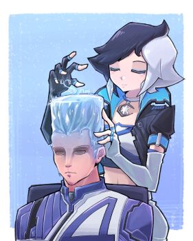 1boy 1girl absurdres asymmetrical_gloves black_gloves black_hair black_jacket blue_background blue_eyeshadow bodysuit border choso_giving_toudou_a_haircut_(meme) closed_eyes commentary cryokinesis english_commentary eyeshadow fingerless_gloves gloves hebinalmeog highres human_torch ice_hair jacket johnny_storm luna_snow makeup marvel marvel_rivals meme midriff mismatched_gloves multicolored_hair popped_collar short_hair two-tone_hair upper_body white_bodysuit white_border white_gloves white_hair