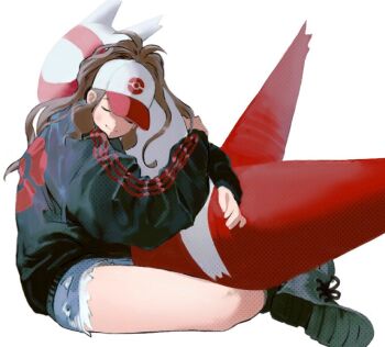 1girl baseball_cap black_boots black_jacket boots brown_hair commentary denim denim_shorts dragon exposed_pocket gen_3_pokemon hat high_ponytail hilda_(pokemon) hug jacket latias legendary_pokemon legs nintendo poke_ball_print pokemon pokemon_(creature) pokemon_bw ponytail shorts smile symbol-only_commentary thighs white_background