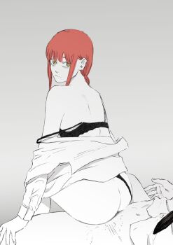 1boy 1girl absurdres bra braid chainsaw_man grey_background highres looking_at_viewer makima_(chainsaw_man) orange_hair partially_undressed reverse_cowgirl_position senaka_look sex shirt straddling strap_slip t-back underwear yellow_eyes