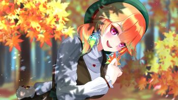 1girl :d autumn_leaves blush earrings feather_earrings feathers green_hat grey_sweater hand_up hat highres hololive hololive_english hrk_itoshi jewelry leaf light_particles looking_at_viewer open_mouth orange_hair purple_eyes red_nails smile solo sweater takanashi_kiara takanashi_kiara_(winter_casual) turtleneck turtleneck_sweater virtual_youtuber