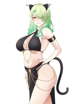 1girl alternate_costume animal_ear_hairband animal_ears antlers arm_strap bikini black_bikini black_hairband blush braid breasts cat_ear_hairband cat_ears cat_tail ceres_fauna chain commentary cowboy_shot criss-cross_halter crossed_legs drey525 english_commentary fake_animal_ears fake_tail flower green_hair hair_flower hair_ornament hair_over_one_eye hairband halterneck hand_on_own_hip highres hololive hololive_english horns large_breasts long_hair looking_at_viewer mole mole_under_eye navel parted_bangs parted_lips pelvic_curtain simple_background smile solo stomach swimsuit tail virtual_youtuber white_background yellow_eyes