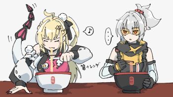 Rule 34 | ..., 2girls, ahoge, bare shoulders, black gloves, blonde hair, bowl, chalky (zenless zone zero), chopsticks, cissia (zenless zone zero), closed eyes, commentary request, detached sleeves, eating, gloves, grey background, grey hair, hair between eyes, hair ornament, hairclip, holding, holding chopsticks, long hair, looking at another, multiple girls, musical note, netsu 0716, open mouth, pom pom (clothes), pom pom hair ornament, ponytail, red eyes, simple background, snake, snake girl, snake tail, soldier 11 (zenless zone zero), spoken ellipsis, spoken musical note, tail, tinted eyewear, white snake, yellow-tinted eyewear, yellow visor, zenless zone zero