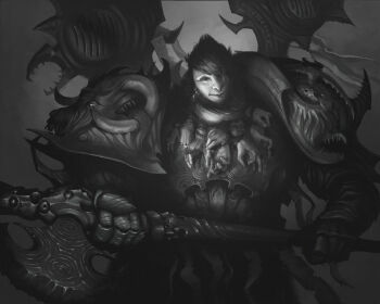 1boy adeptus_astartes androgynous axe battle_axe chaos_space_marine emperor&#039;s_children greyscale highres holding holding_axe living_armor looking_at_viewer monochrome nikita_kapitunov no_headwear severed_hand solo warhammer_40k weapon