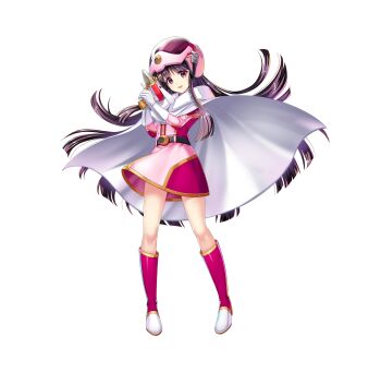 1girl assault_visor bad_link boots cape energy_gun full_body gloves helmet highres houraisan_kaguya houraisan_kaguya_(love_temple_of_benevolence_and_conscience) long_hair looking_at_viewer pink_helmet purple_eyes ray_gun rotte_(1109) simple_background solo touhou touhou_lostword weapon white_background white_cape white_gloves