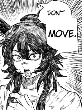 1girl animal_ears bandaid bandaid_on_face bandaid_on_nose black_hair ear_ornament ear_scrunchie highres horse_ears horse_girl jujutsu_kaisen narita_brian_(umamusume) ponytail scene_reference scrunchie speech_bubble striped_clothes striped_scrunchie twovust umamusume