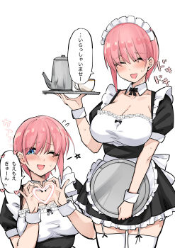1girl :d ;d ^_^ absurdres alternate_costume blue_eyes blush breasts closed_eyes commentary_request enmaided garter_straps go-toubun_no_hanayome heart heart_hands highres large_breasts looking_at_viewer maid maid_headdress mame1645 multiple_views nakano_ichika one_eye_closed open_mouth pink_hair short_hair simple_background smile speech_bubble standing thighhighs translated white_background white_thighhighs