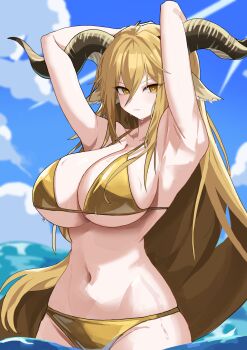 1girl absurdres alternate_breast_size_(larger) animal_ears arknights armpits arms_up bikini blonde_hair blue_sky breasts cloud commentary_request degenbrecher_(arknights) farewell_(dpjp5277) goat_ears goat_girl gold_bikini highres huge_breasts long_hair looking_at_viewer navel ocean outdoors sky solo stomach swimsuit very_long_hair yellow_eyes