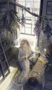 1girl absurdres analog_clock black_shoes bouquet cabinet chair clock closed_eyes closed_mouth commentary_request cup curtains day desk_lamp drawer dress flower frilled_dress frills giv_81 grey_hair hanging_plant highres holding holding_bouquet indoors ladder lamp light_smile long_dress long_hair long_sleeves mary_janes on_chair open_window original picture_frame plate rug scissors shoes sitting slice_of_life solo tape teacup teapot tray vase window yellow_flower