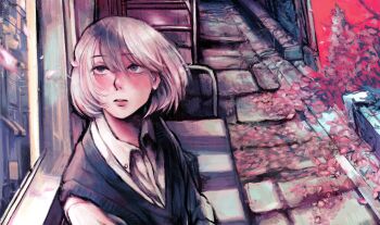 1girl ane_(yakamashi0) blush cherry_blossoms collared_shirt commentary_request grey_eyes highres long_sleeves looking_to_the_side looking_up open_mouth original pavers plant_roots sanpaku shadow shirt sitting sweater_vest swept_bangs upper_body v-neck white_hair window