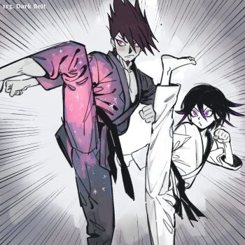 2boys aegyo_sal barefoot belt black_belt black_hair blush clenched_hands commentary danganronpa_(series) danganronpa_v3:_killing_harmony dougi dynamic_pose english_commentary facial_hair fighting_stance flipped_hair goatee grey_background hair_between_eyes height_difference highres karate karate_gi leg_up long_sleeves male_focus martial_arts martial_arts_belt miri_(bossu_osu) momota_kaito motion_lines multiple_boys oma_kokichi pectoral_cleavage pectorals purple_eyes purple_facial_hair purple_hair short_hair simple_background size_difference spiked_hair split standing standing_on_one_leg starry_sky_print taekwondo