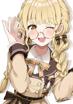 1girl ;d adjusting_eyewear blazer blush braid brown_jacket commentary_request fang fujita_kotone fukanse_(jxyj7223) gakuen_idolmaster glasses hand_on_eyewear highres idolmaster jacket long_hair looking_at_viewer one_eye_closed open_mouth round_eyewear school_uniform shirt signature smile solo twin_braids upper_body white_shirt yellow-framed_eyewear