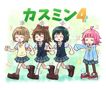 4girls :d ^_^ ahoge black_pantyhose black_vest blue_shirt blush bob_cut bow brown_hair brown_shoes clenched_hands closed_eyes collared_shirt commentary dress_shirt flower flower_on_head full_body green_hair green_ribbon green_skirt grey_socks hair_bow hair_ribbon half_updo inverted_bob kishimen_hair loafers logo_parody long_hair love_live! love_live!_nijigasaki_high_school_idol_club marching medium_hair mifune_shioriko miniskirt mouth_hold multiple_girls nakasu_kasumi nijigasaki_1st_years nijigasaki_school_uniform nintendo official_art open_mouth osaka_shizuku pantyhose parody pikmin_(series) pikmin_4 pink_hair pleated_skirt ponytail red_bow red_shoes ribbon school_uniform shirt shoes short_hair skirt sleeves_past_fingers sleeves_past_wrists smile socks summer_uniform sweater_vest tennoji_rina vest whistle white_socks yellow_sweater_vest yukitake_(bullfalk)
