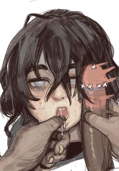 1boy 1girl age_difference black_hair black_shirt blind sophie_(popopoka) drooling erection loli mossacannibalis mouth_pull open_mouth penis penis_grab penis_on_face shirt short_hair slapping_with_penis sweat tagme tongue