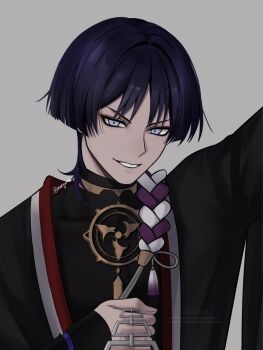 Rule 34 | 1boy, arm up, armor, black bodysuit, black hair, black kimono, black sleeves, blunt ends, bodysuit, chain, chain leash, commentary, eyeliner, genshin impact, gold, grey background, grey eyes, grin, highres, holding, holding leash, japanese armor, japanese clothes, jewelry, juban, kimono, kote, kurokote, leash, looking at viewer, makeup, male focus, melyuuto, mitsudomoe (shape), neck ring, portrait, pov, purple rope, red eyeliner, red kimono, rope, scaramouche (genshin impact), shimenawa, smile, solo, symbol-only commentary, tassel, teeth, tomoe (symbol), tsurime, turtleneck, turtleneck bodysuit, twitter username, viewer on leash, watermark, white kimono, white rope, wispy bangs