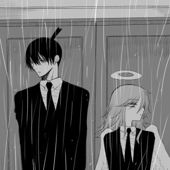 2boys angel_devil_(chainsaw_man) arm_up chainsaw_man collared_shirt commentary_request door double-parted_bangs ear_piercing earrings feathered_wings greyscale hair_between_eyes halo hayakawa_aki height_difference highres holding jacket jewelry lapels long_hair long_sleeves looking_to_the_side monochrome multiple_boys necktie parted_hair piercing ponytail rain shirt short_hair short_ponytail sidelocks smoking stud_earrings takahisayuki traditional_halo water_drop white_background wing_collar wings