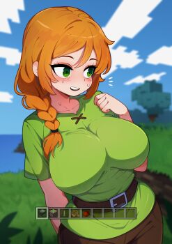 1girl absurdres alex_(minecraft) arm_behind_back belt braid breasts brown_belt brown_pants cloud collarbone commentary ghelber0 green_eyes green_shirt hand_up highres large_breasts long_hair minecraft open_mouth orange_hair pants shirt solo sweat symbol-only_commentary teeth upper_teeth_only user_interface