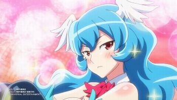 1girl animated animated_gif blue_hair blush breasts cleavage closed_mouth etotama feathers glitter head_wings knees_up large_breasts light_smile long_hair looking_at_viewer looping_animation necktie piyo-tan playboy_bunny red_eyes serious smile solo third-party_edit universal_studios very_long_hair wings