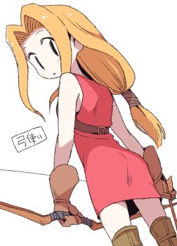 1girl archer_(fft) arrow_(projectile) bare_shoulders blonde_hair boots bow_(weapon) brown_boots brown_gloves cowboy_shot curtained_hair dokan_(dkn) dress dutch_angle final_fantasy final_fantasy_tactics from_behind from_below gloves holding holding_arrow holding_bow_(weapon) holding_weapon light_blush long_hair looking_at_viewer looking_back low-tied_long_hair red_dress shoulder_belt simple_background sleeveless sleeveless_dress solo translation_request weapon white_background |_|