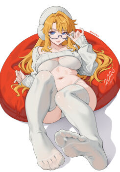 1girl absurdres black-framed_eyewear blonde_hair breasts closed_mouth freezing_(series) glasses grey_hat grey_sweater grey_thighhighs hat highres large_breasts long_hair long_sleeves looking_at_viewer lying melowh navel on_back satellizer_el_bridget simple_background smile solo stomach sweater thighhighs white_background