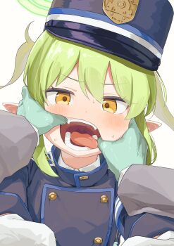 1girl angry armband blue_archive blue_armband blue_trim blush buttons collared_jacket collared_shirt commentary_request double-breasted emblem fangs from_above gloves green_gloves green_hair green_halo halo hand_in_another's_mouth hat highres jacket kepi looking_at_viewer medical_gloves medium_hair military_hat mocha_kichi nozomi_(blue_archive) open_mouth out_of_frame pointy_ears shirt simple_background solo_focus sweat teeth tongue tongue_out train_conductor upper_body uvula white_background white_gloves yellow_eyes