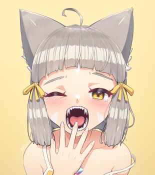 alten animal_ears cat_ears chest_jewel core_crystal_(xenoblade) dress dress_swimsuit grey_hair highres nia_(fancy_sundress)_(xenoblade) nia_(xenoblade) one-piece_swimsuit ribbed_swimsuit strapless strapless_one-piece_swimsuit striped_clothes striped_one-piece_swimsuit swimsuit vertical-striped_clothes vertical-striped_one-piece_swimsuit xenoblade_chronicles_(series) xenoblade_chronicles_2 yellow_dress yellow_eyes