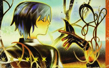 1boy 3d abstract abstract_background bare_tree bird black_hands black_outline black_shirt blue_hair border colored_extremities colored_skin crow faux_retro_artstyle glowing gradient_background gradient_hair highres male_focus metal_skin multicolored_hair original outline red_border shirt star_(symbol) surreal tendril tree umisida upper_body yellow_skin