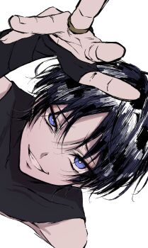 1boy 5656hayururi absurdres black_bodysuit black_bridal_gauntlets black_hair blunt_ends bodysuit bridal_gauntlets bright_pupils choppy_bangs covered_collarbone eyeliner eyeshadow fingernails genshin_impact gold_ring grin highres looking_at_viewer makeup male_focus middle_ring multicolored_hair parted_bangs purple_eyes reaching reaching_towards_viewer red_eyeliner red_eyeshadow scaramouche_(genshin_impact) sideways single_bare_shoulder smile smirk solo streaked_hair teeth tsurime uneven_eyes wanderer_(genshin_impact) white_background white_hair white_pupils