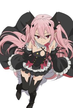 1girl bare_shoulders black_boots boots bow bowtie breasts closed_mouth detached_sleeves from_above full_body hair_between_eyes hair_ornament head_wings highres krul_tepes light_smile long_hair long_sleeves looking_at_viewer nekokawa_isugi owari_no_seraph pink_hair pointy_ears red_bow red_bowtie red_eyes shadow simple_background slit_pupils small_breasts solo standing thigh_boots twintails vampire very_long_hair white_background wide_sleeves wings