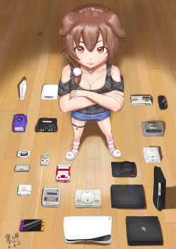 Rule 34 | breasts, brown hair, cleavage, crossed arms, dreamcast, famicom, from above, game boy, game boy advance, game console, gamecube, handheld game console, highres, hololive, inugami korone, nintendo, nintendo 64, nintendo ds, nintendo switch, pc engine, playstation 2, playstation 3, playstation 4, playstation 5, sega game gear, sega mark iii, sega mega drive, sega saturn, sumigahara asami, super famicom, virtual youtuber, wii, wii u