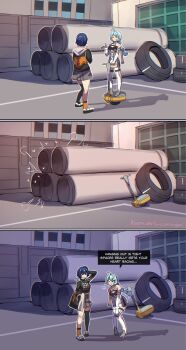 2girls ahoge bare_shoulders belle_(zenless_zone_zero) blue_hair blush braid breasts earrings elbow_gloves english_text full_body gloves hair_between_eyes hair_ornament highres hinghoi implied_sex jacket jewelry latex_pants long_hair long_sleeves mole mole_on_shoulder multiple_girls open_mouth outdoors see-through_dress_layer seed_(zenless_zone_zero) segway shadow shirt short_hair smile toeless_legwear toes unused_tire white_gloves yuri zenless_zone_zero