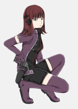 Rule 34 | 1girl, breasts, commentary, elbow gloves, gloves, grey background, gun, handgun, headphones, holding, holding gun, holding weapon, holster, jacket, katori squad's uniform, katori youko, long hair, medium breasts, purple gloves, purple jacket, red hair, short jumpsuit, short sleeves, solo, thigh holster, thighhighs, user jutn4454, weapon, world trigger, yellow eyes