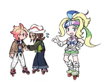 1boy 2girls :d ahoge blonde_hair blue_eyes boots brown_jacket chibi chibi_only flying_sweatdrops green_shorts grey_pants hand_on_own_hip hand_up harmony_(pokemon) hat headband jacket korrina_(pokemon) multiple_girls nintendo open_clothes open_jacket open_mouth pants pokemon pokemon_legends:_z-a print_shirt roller_skates shirt shorts simple_background skates smile standing urbain_(pokemon) white_background white_boots white_hat xlii_idk