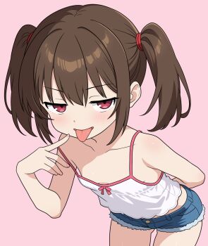 1girl blue_shorts bow_camisole breasts brown_hair camisole choppy_bangs collarbone cowboy_shot denim denim_shorts hair_tie hand_up highres jitome leaning_forward loli looking_at_viewer original parted_lips pink_background red_eyes short_hair short_shorts shorts simple_background small_breasts solo standing strap_slip take_zenni_chikuzenni tongue tongue_out twintails v-shaped_eyebrows white_camisole