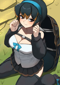 1girl belt black_hair breasts cleavage commentary_request eastern_santa_cruz_giant_tortoise_(kemono_friends) hairband highres john_(a2556349) kemono_friends kemono_friends_3 large_breasts looking_at_viewer multicolored_hair outdoors red_hair ribbon shirt shoes short_hair skirt solo thighhighs turtle_shell two-tone_hair