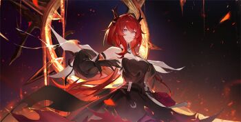 1girl angry arknights arknights:_endfield arm_garter bag bare_shoulders belt black_arm_garter black_belt black_dress black_gloves black_horns breasts chinese_commentary cleavage commentary_request cowboy_shot demon_girl demon_horns detached_collar detached_sleeves double-parted_bangs dress elbow_gloves fire flaming_sword flaming_weapon gloves hair_between_eyes hair_intakes handbag highres horns jiang_zhuti_jiojio laevatain_(arknights) lava long_hair parted_lips pink_bag purple_eyes red_hair sideless_dress sidelocks sleeveless sleeveless_dress slit_pupils solo surtr_(arknights) sword two-tone_dress v-shaped_eyebrows weapon