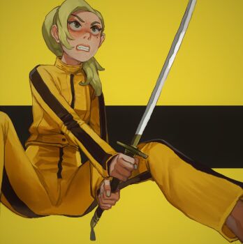 Rule 34 | 1girl, beatrix kiddo, blonde hair, brown eyes, clenched teeth, fangs, feet out of frame, freckles, hair over shoulder, highres, holding, holding sword, holding weapon, jacket, kill bill, long sleeves, mole, mole under eye, mossacannibalis, open mouth, pants, solo, standing, sword, teeth, track suit, weapon, yellow background, yellow jacket, yellow pants