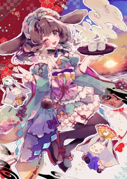 1girl animal_ears black_thighhighs blush brown_hair commission cup himegamik holding japanese_clothes kimono looking_at_viewer maid_headdress one_eye_closed open_mouth original rabbit rabbit_ears rabbit_girl sensitive smile solo tail thighhighs tray v